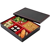 Restaurantware-12.2 x 9.8 x 2.4 Inch Compartment Lunch Container, 1 Japanese Style Adult Lunch Container - With 6 Compartments, Greaseproof, Black & Red Plastic Divided Meal Box, Hot & Cold Food