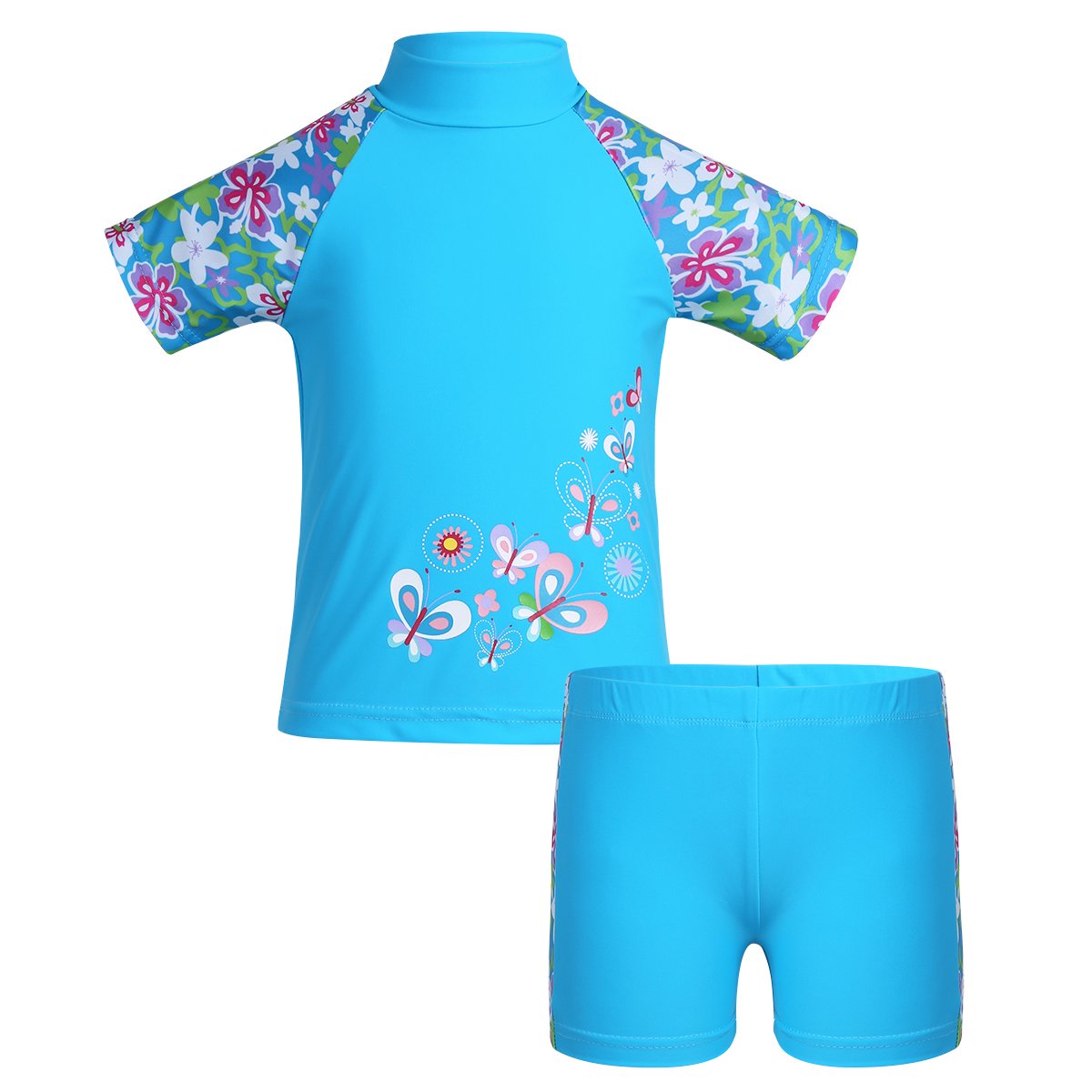 Freebily Kids Girls Two Piece Short Sleeve Rash Guard Tankini Swimsuit Swimwear Vest Sun Protection Wetsuit Set UPF 50+ Sky Blue 3-4 Years