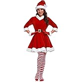VAPICK Mrs Claus Costume for Women 5PCS Plus Size Outfit Christmas Adult Velvet Santa Dress with Belt High Socks Hat Gloves