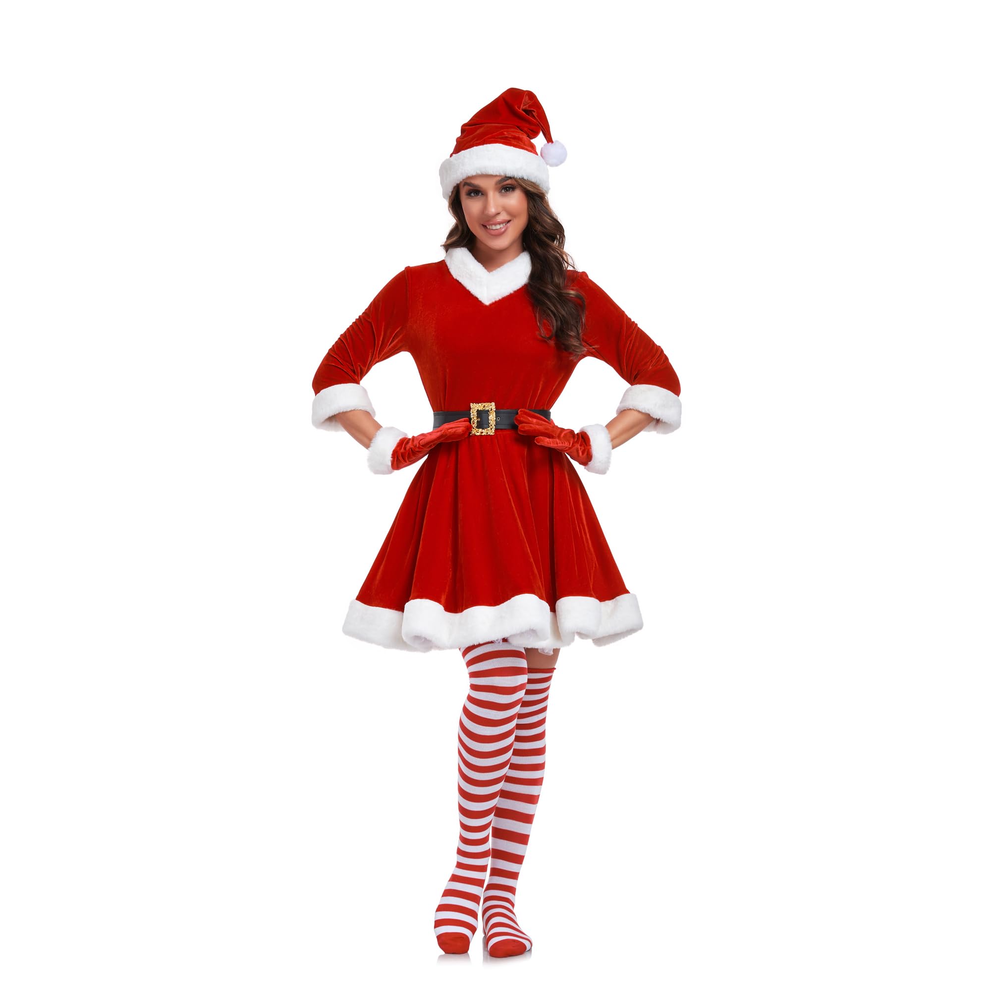 Photo 1 of VAPICK Mrs Claus Costume for Women 5PCS Plus Size Outfit Chirstmas Adult Velvet Santa Dress with Belt High Socks Hat Gloves (XX-Large)
