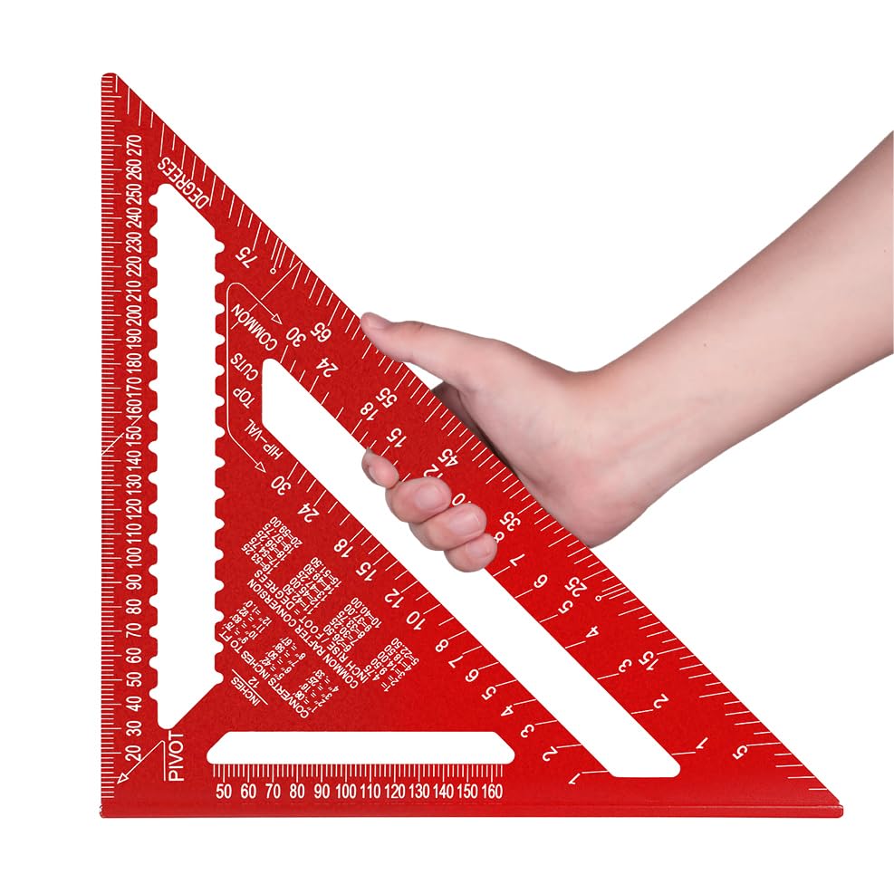 Beslands Rafter Square Metric 12 inch, Aluminum Carpenters Roofing Square, Metric Woodwork Squares,Triangle Ruler Protractor(Red)
