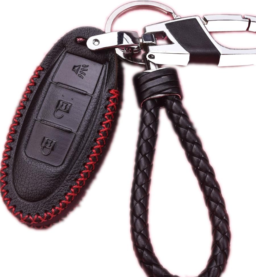 WAFERN Leather Car Keyless Entry Remote Control Smart Key Fob Case Cover with Braided Key Chain & Key Rings for Nissan Pathfinder Versa Juke 370Z Murano Rogue Accessories Gift in Black (3 Button)