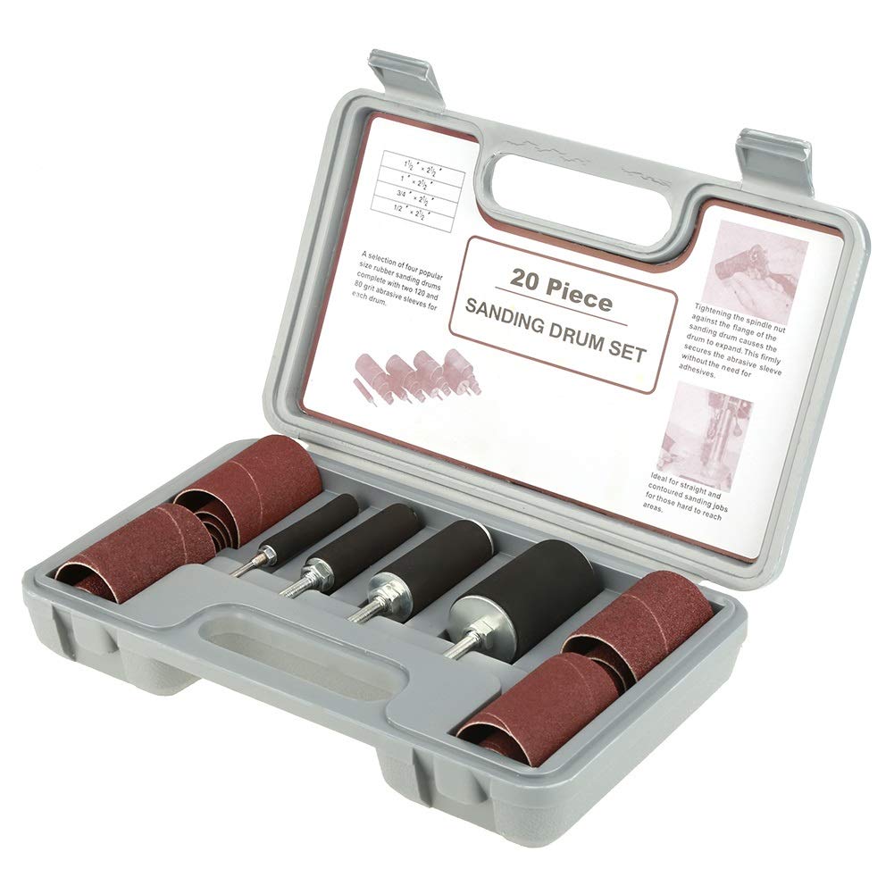 Nikou 20 Piece Drum Sanding Kit - Spindle Sanding Drum Sander Tool Kit Set drums and Sanding sleeves with Case for Sanding Contours, Drill Press,Hand Drill or Flexible Shaft