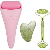 Chikoni 3 in 1 Ficial Face Ice Jade Roller and Gua Sha Tool, Natural Real Jade Anti-Wrinkle Face Eye Neck Massager Tool, Reduce Wrinkles, Puffiness, Migraine, Redness, Pain and Injury,Pink