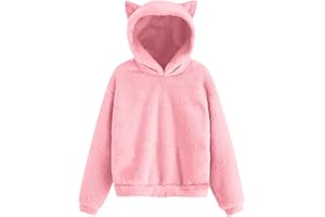 Ikevan Girls Cat Ears Fleece Hoodies Kids Fuzzy Cute Hooded Sweatshirts Fall Winter Warm Soft Furry School