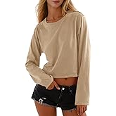 Tankaneo Womens Long Sleeve Crop Tops Casual Loose Fit Cropped T-Shirts Crew Neck Fall Trendy Tee Shirts