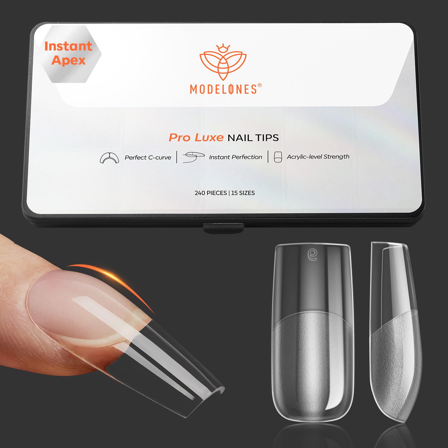 modelones Pro Luxe Instant Apex Nail Tips 15 Sizes, Medium Square Tips Gel Pre-building & Pre-etched Thicker Strength Acrylic Fake Nails Full Cover 240 Pcs