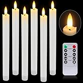 HINZER 6 Pcs Flameless Taper Candles with Remote & Timer 9.6 inch Real Wax Battery Operated LED Warm 3D Wick Flickering Window Candles for Halloween Christmas Wedding Decor, White