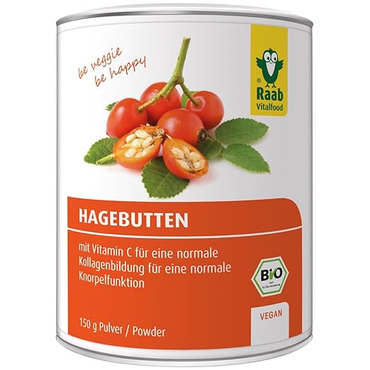 Raab Vitalfood Bio Hagebutten-Pulver, ohne Zusätze, vegan, mit natürlichem Vitamin C für eine normale Kollagenbildung und ein