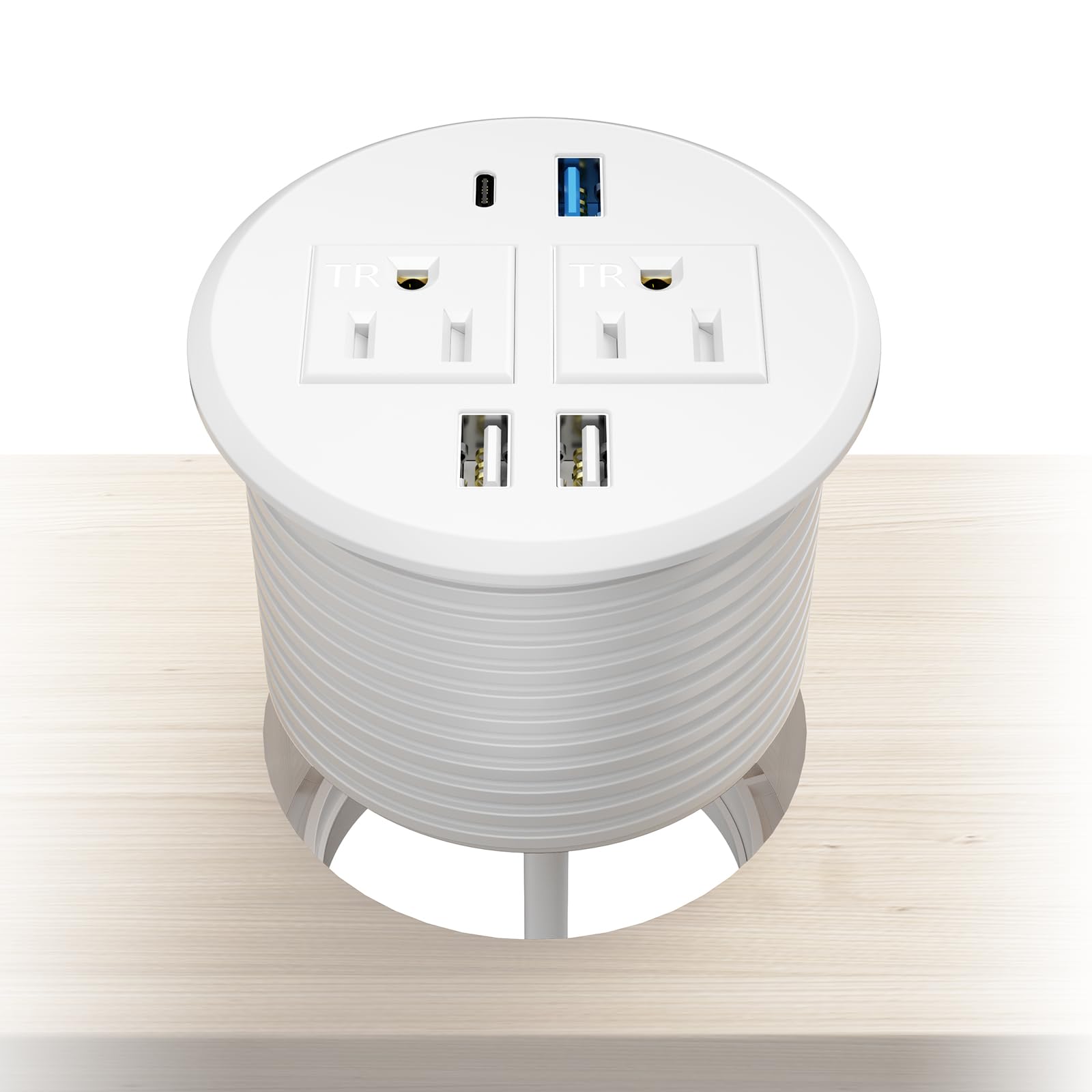Photo 1 of BTU Desktop Power Grommet with PD 20W Fast Charging USB C, Recessed Power Socket with 2 AC Outlets, Flush Mount Power Strip with 3 USB Ports, 6FT Extension Cord (White)