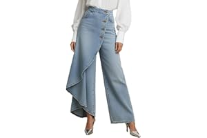 Wide Leg Jeans Woman High Waisted Asymmetrical Baggy Trendy Business Casual Denim Pant Button Ruffle Spring Outfits