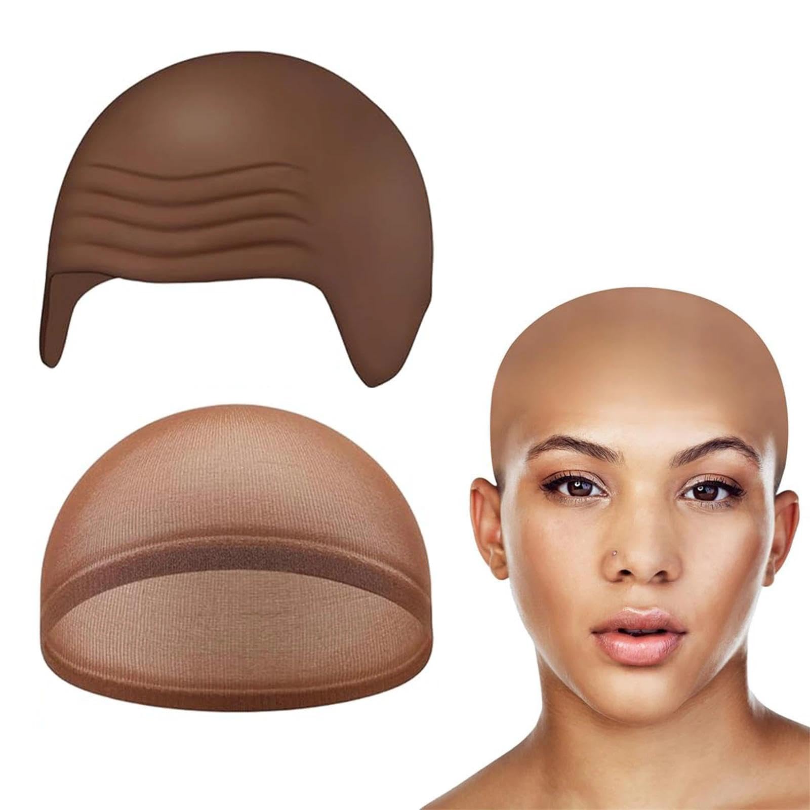 dinghaole 2 Pcs Brown Skin Bald Caps, Brown Latex Head Cover Bald Hats and Hair Net, Fake Head Skin Halloween Cosplay Costume Accessories bald Hat for Adults Wigs Caps