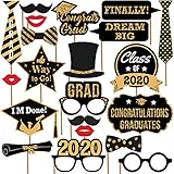 2020 Graduation Photo Booth Props - Real Gold Glitter | Graduation Decorations for Graduation Party Supplies 2020 | High School Senior Prom Grad Party | Heavy Duty Cardstock | Large Size, 21 Count