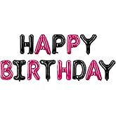 Happy Birthday Balloons Banner Black & Hot Pink 16 Inch for Kids and Adults Birthday Party Decorations Supplies