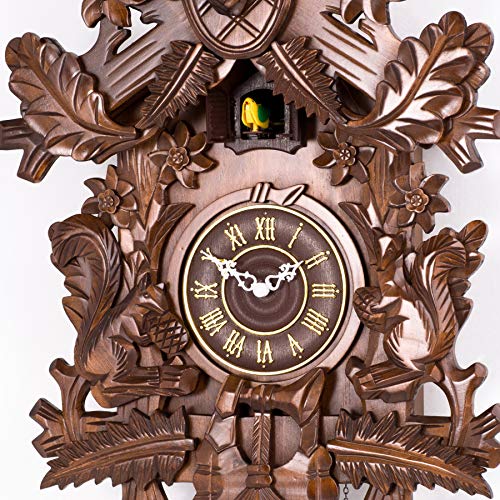 Polaris Clocks Cuckoo Clock in Black Forest Style with Night Mode Option and Hand Carved Deer Head (Brown, Deer & Squirrels)