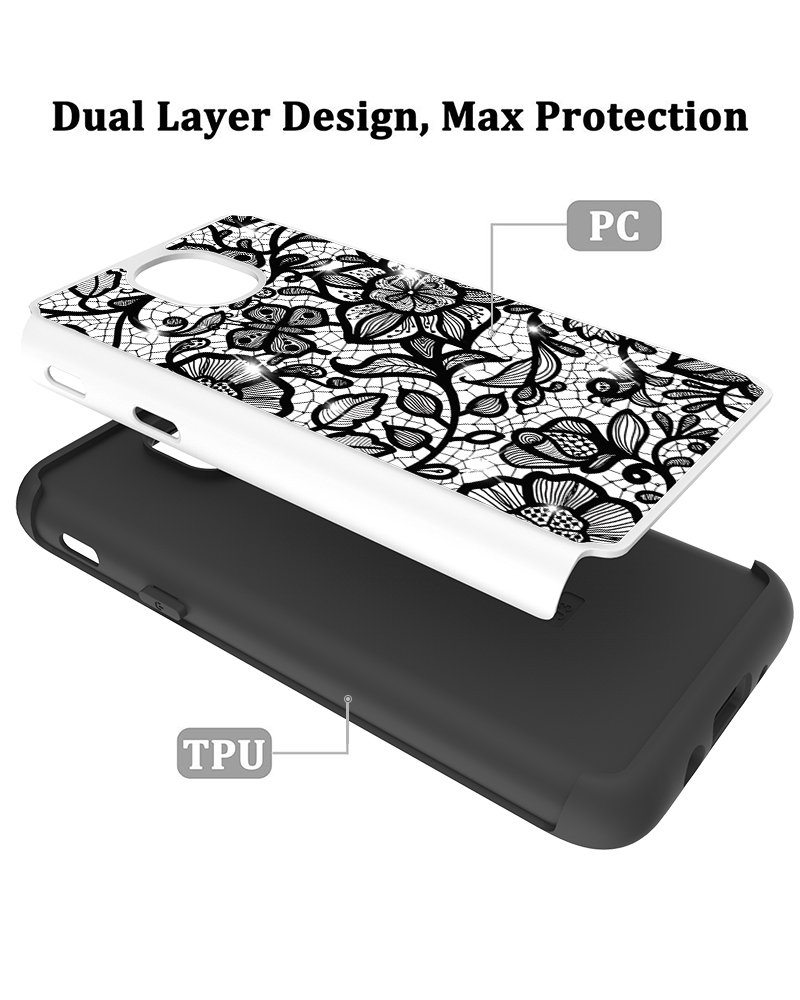 Samsung Galaxy J7 2018 Case, Galaxy J7 Refine/J7 Aero/J7 Top/Aura/Crown/Eon/Star Case, Androgate Hybrid Shock Absorption Floral Bumper Phone Cover Case with TPU Full Coverage Screen Protector, Black