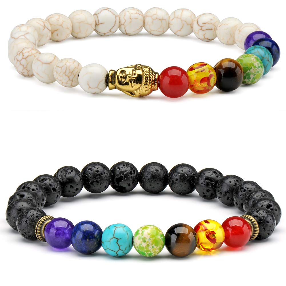 Senlinmu 7 Chakra Stone Beads Bracelet Turquoise Agate Yoga Meditation Chakra Balancing Reiki Healing Elastic Bracelet for Men Women