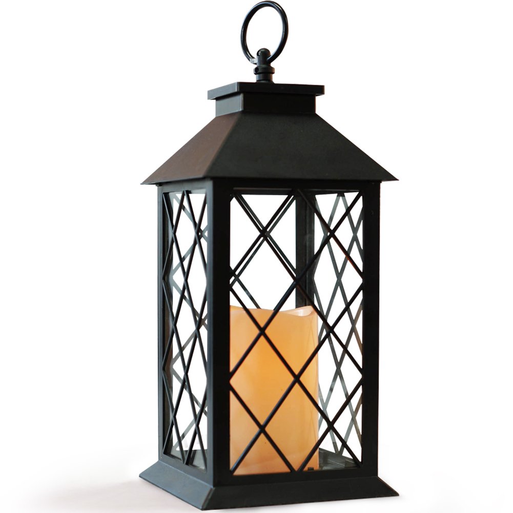BRIGHT ZEAL 14" TALL Black Vintage Candle Lantern with LED Flickering