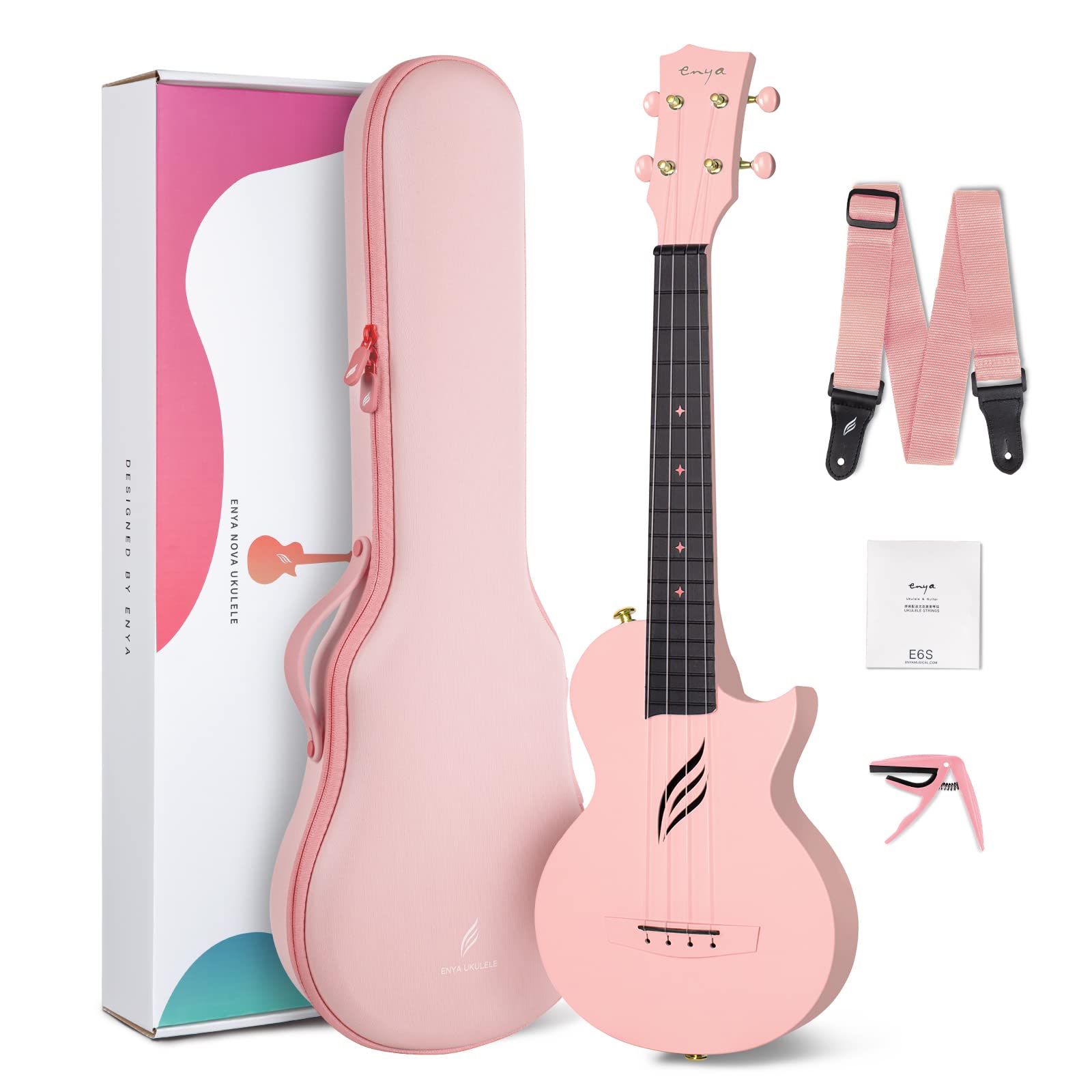 Concert Ukulele Enya Nova U 23” Cutaway Carbon Fiber Beginner Travel Ukulele Kit Waterproof Ukelele with Case,Strap,Capo,Strings (Pink)