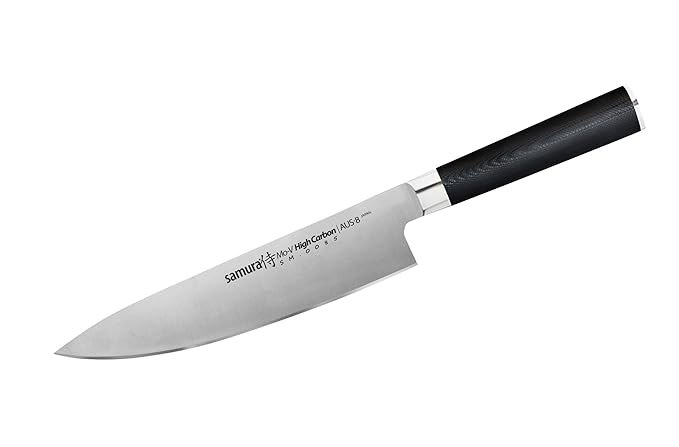 Samura MO-V Profi Chefmesser Ultra-scharf, groß, aus japanisch AUS 8 Edelstahl, 20 cm Klinge, mit G10 Handgriff aus Carbon, A