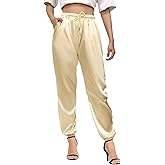 Betusline Women's Solid Color Drawstring Tie Elastic Waist Loose Satin Joggeing Pants with Pockets, Champagne, US X-Large = Tag XL