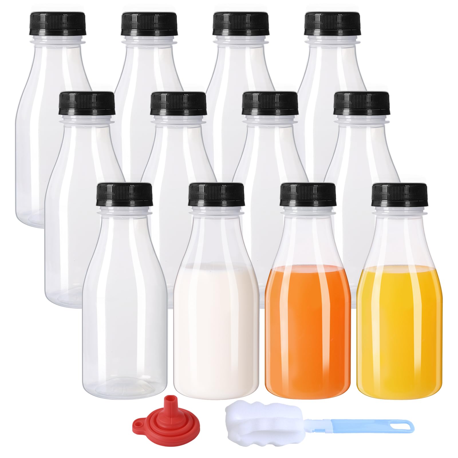 ZMCYN 12 Pack 250ml Plastic Milk Bottles with Lids (Dishwasher Safe), PP Heat Resistant Mini Juice Bottle, Reusable Small Plastic Milk Bottles for Juice, Smoothie, Homemade Beverage