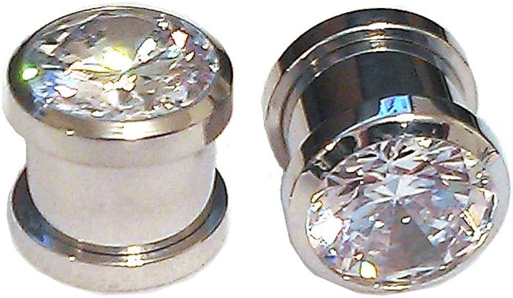 0g Ear Gauges 1 Pair of 316L Stainless Screw Fit CZ Bling