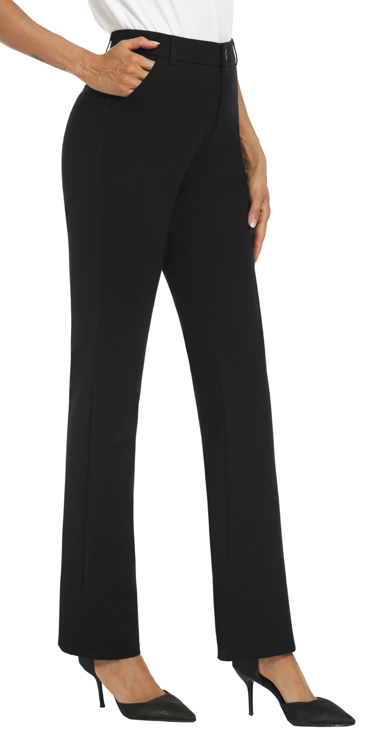 Photo 1 of ** Zipper damaged ** iChosy Women's Stretchy Straight Leg Dress Work Pants Business Office Casual Slacks with Pockets Black 10 Tall