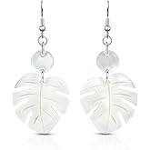 AeraVida Handmade Kabibe Shell Leaf Dangle Earrings | Ocean Inspired Boho Drop Earrings in White or Abalone | Lightweight Summer Statement Jewelry with Fish Hook Closure