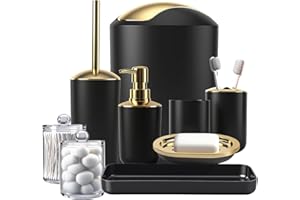 BSSN Bathroom Accessories Set Black and Gold 9 Piece, Trash Can, Soap Dispenser and Dish, Toilet Brush, Toothbrush Holder, Tumbler, Tray, Cotton Swab Container, Countertop Organizer and Housewarming Gift