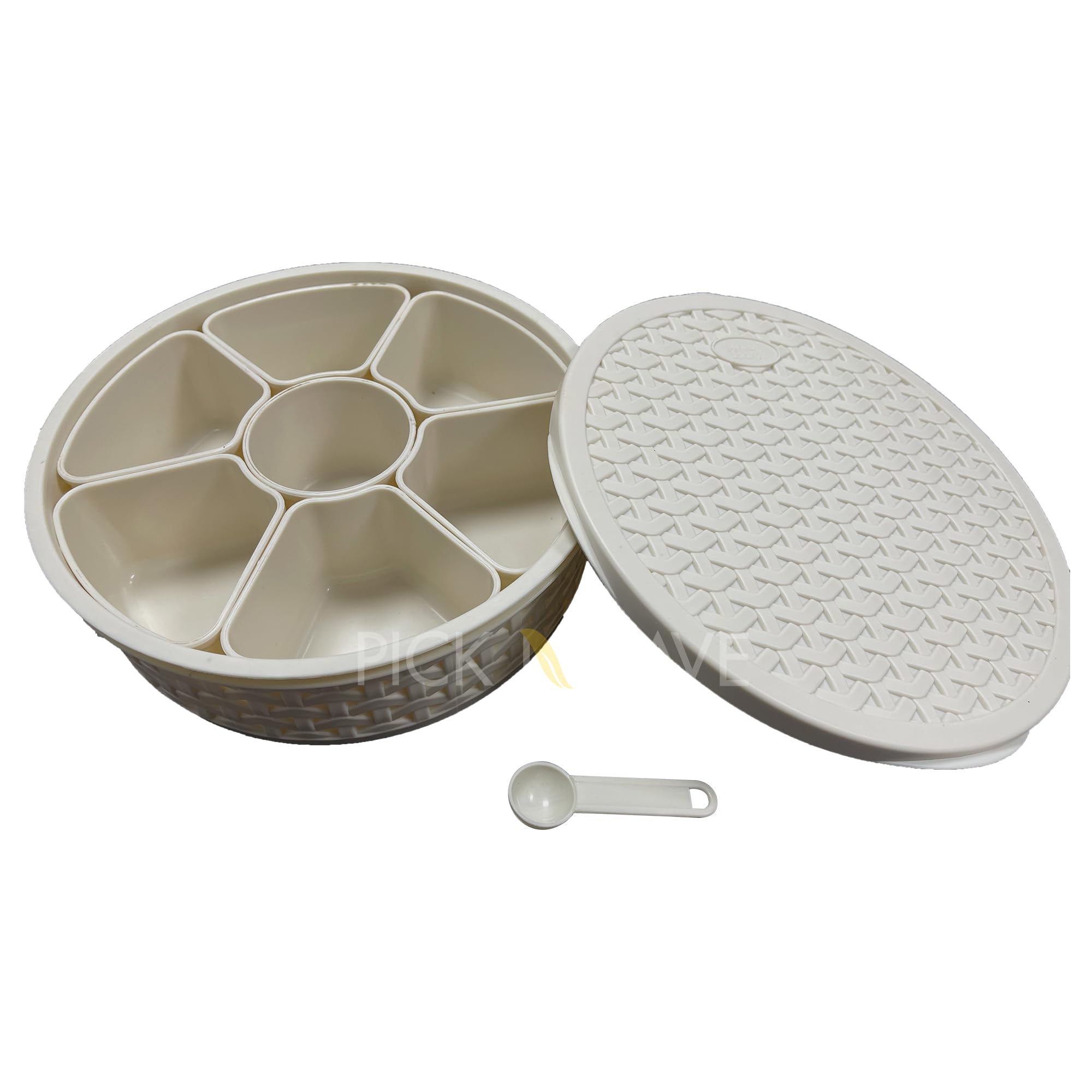 Pick N Save Plastic Masala Box, Spice Box, Masala Dabba, Authentic Indian Masala Dabba perfect for your spice storage with 7 containers and a FREE serving spoon (Beige)