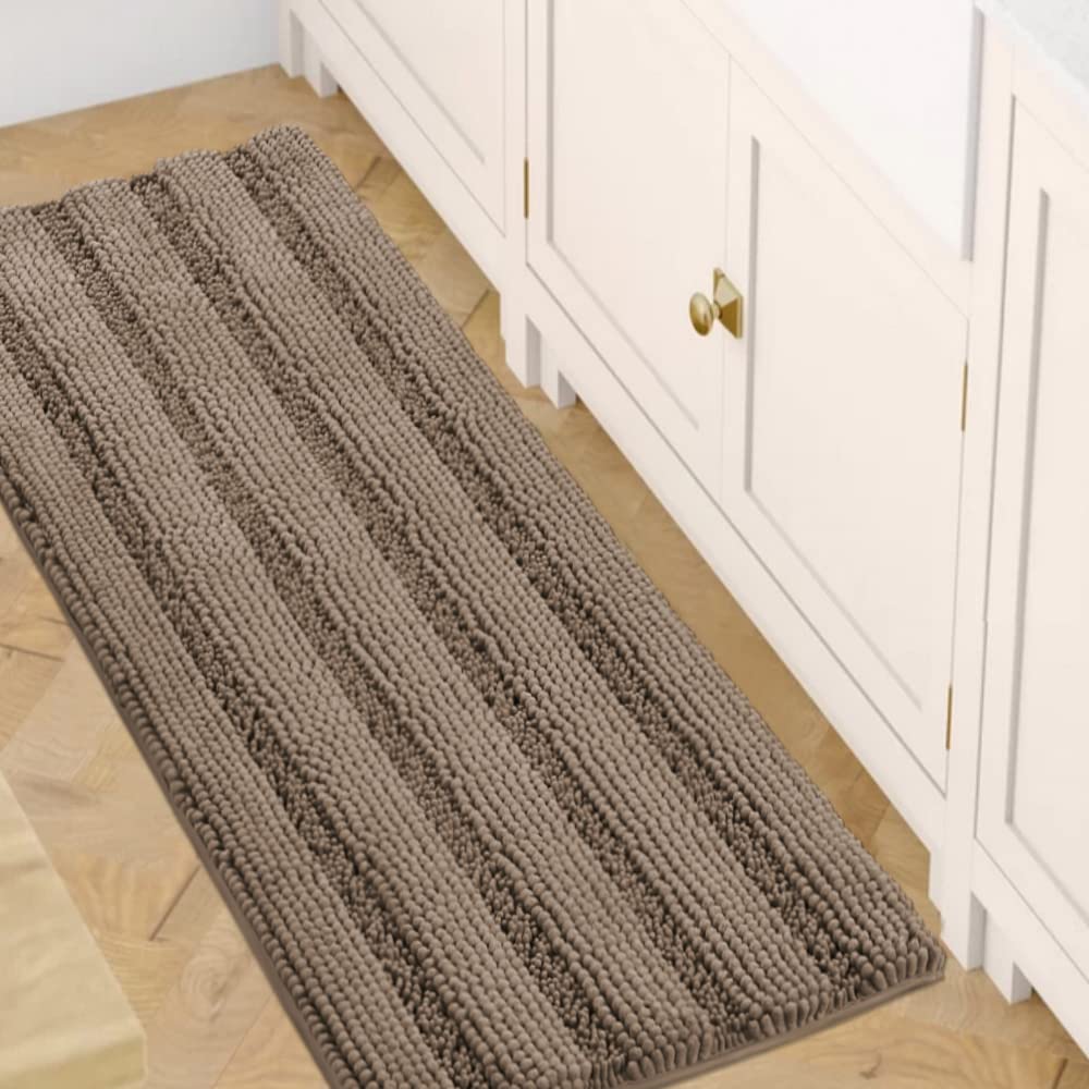Photo 1 of H.VERSAILTEX Bath Rugs for Bathroom Non Slip Bath Mats Extra Thick Chenille Striped Bath Rug Runners 47" x 17" Absorbent Fluffy Soft Shaggy Mats Dry Fast Plush Area Carpet for Bath Room - Taupe Brown