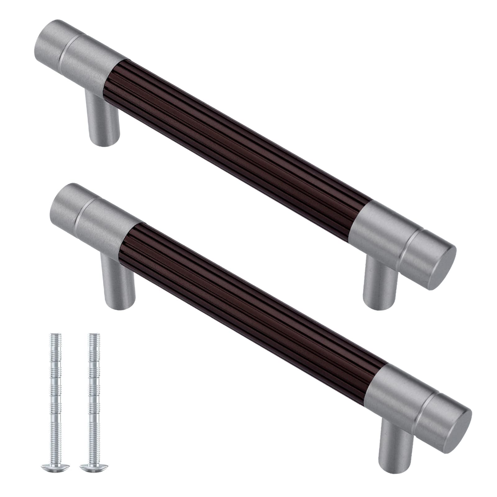 YJROOMS 5 Pack Brown+Brushed Nickel 102mm Hole Center Kitchen Handles Cupboard Handle T Bar Cabinet Knobs for Kitchen Bathroom Round Drawer Furniture Pull