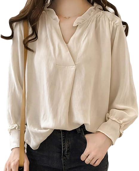 Amazon ナラダ お洒落 ブラウス Vネック フリル シャツ シースルー 柔らか 素材 可愛い トップス 無地 春 夏 レディース シャツ ブラウス 通販