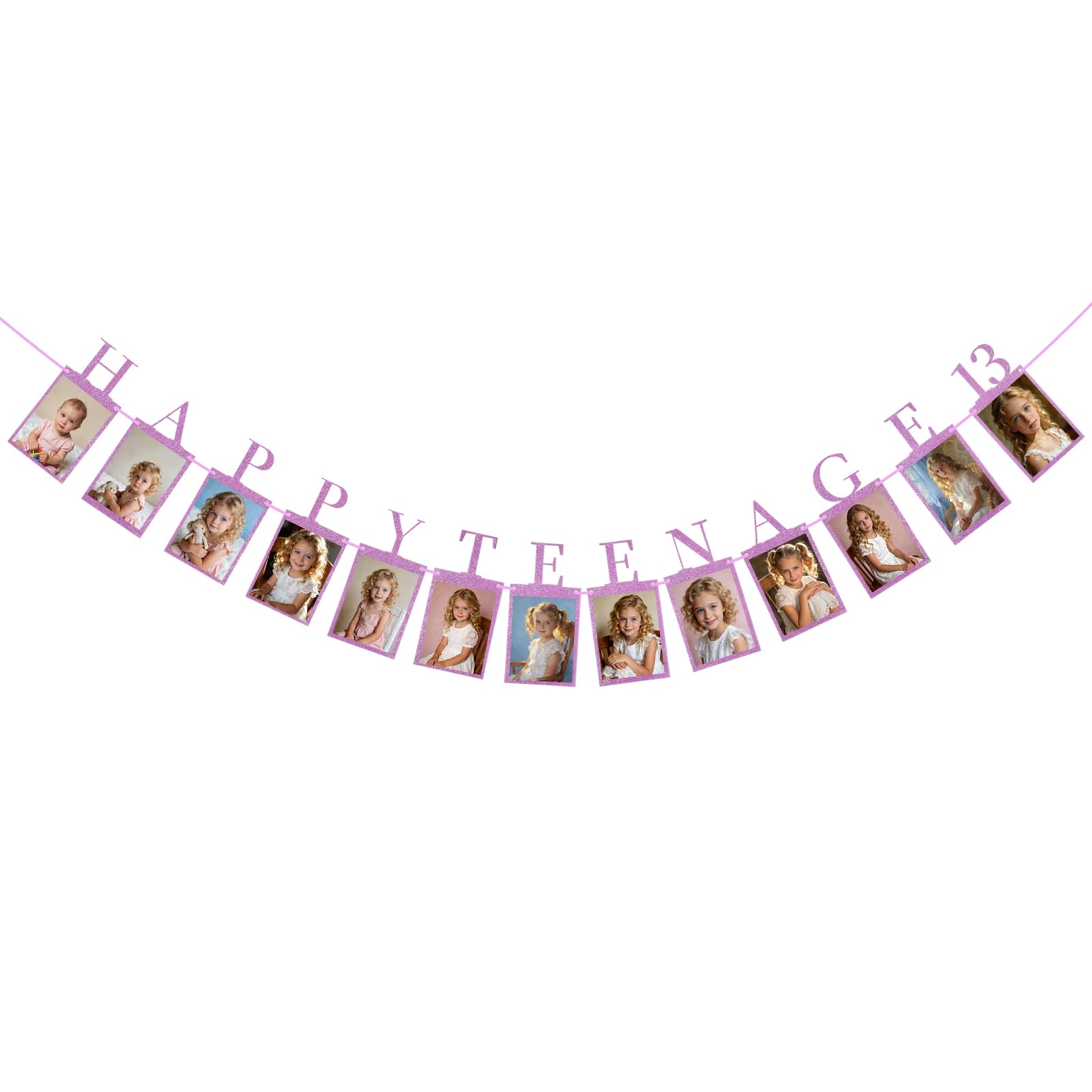 NETFLO 13th Photo Birthday Banner for Teenage Girls Photo Banner 13 Photo Slots Growth Milestone Banner with Glitter Hanging Garland Bunting for Party Photo Props Decorations (Pink)