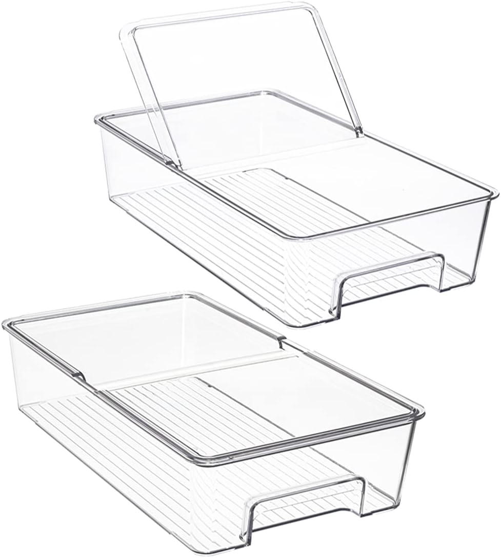 Refrigerator Organizer Bins Plastic Food Storage Container,with Lid and Handle,Food Fresh for Fridge, Freezer, Kitchen Cabinet, Pantry Organization Food,Holds Furit Vegetables