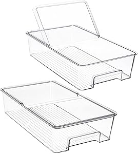 Refrigerator Organizer Bins Plastic Food Storage Container,with Lid and Handle,Food Fresh for Fridge, Freezer, Kitchen Cabinet, Pantry Organization Food,Holds Furit Vegetables