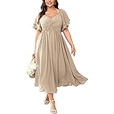 SCOMCHIC Women's Plus Size Wedding Guest Cocktail Dresses Sweetheart Neckline Ruffle Sleeve A Line Maxi Dress