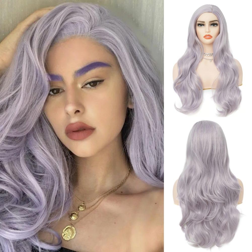 Salaibs Light Purple Long Wavy Wigs for Women Natural Curly Side Part Hair Wig Synthetic Halloween Daily lavender wig — image 1