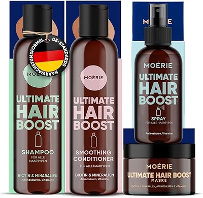 MOERIE Shampoo Set - gegen Haarausfall, Conditioner, Haarwachstum Serum & Haarmaske - natürlich Haarwachstum beschleunigen - Veganes Haarwuchsmittel Frauen & Männer - 77 Mineralien (4er-Set)