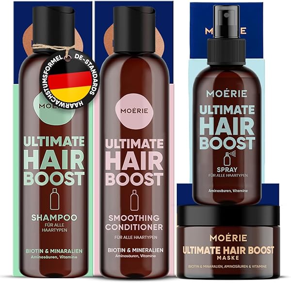 MOERIE Shampoo Set - gegen Haarausfall, Conditioner, Haarwachstum Serum & Haarmaske - natürlich Haarwachstum beschleunigen - Veganes Haarwuchsmittel Frauen & Männer - 77 Mineralien (4er-Set)