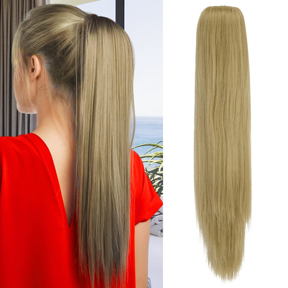 OMGREAT Clip In On Hair Extensions Claw Ponytail Extensions Hair Piece Straight for Women Synthetic Heat-Resisting 21 Inch Ash Blonde