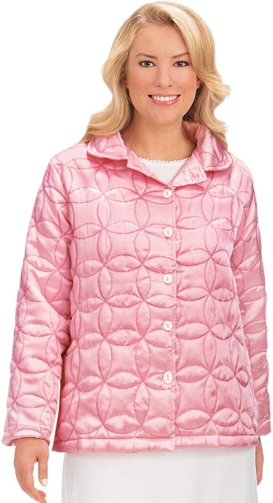 Satin Finish Quilted Bed Jacket with Front Button Closure and Side Seam Pockets Perfect to