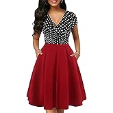 oxiuly Women's Vintage Dot V-Neck Cap Sleeve Casual Pockets Swing Tea Dress OX296