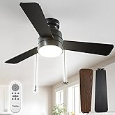 Passky Ceiling Fans with Lights, 42 inch Low Profile Ceiling Fan with Pull Chain and Remote Control, Flush Mount, Reversible,