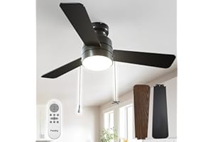 Passky Ceiling Fans with Lights, 42 inch Low Profile Ceiling Fan with Pull Chain and Remote Control, Flush Mount, Reversible, 5CCT, Dimmable, Noiseless, Black Pull Cord Ceiling Fan for Bedroom
