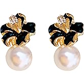Solighter Retro Oil Drip Flower Pearl Stud Earrings for Women Large Crystal Floral Pearl Drop Dangle Earrings Wedding Brides Jewelry