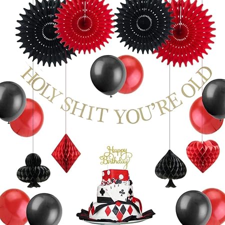 Whrp Decoration Papier Decoration Casino Poker Theme Decorations De Fete D Anniversaire Noir Rouge Ballons Drole Banniere Gateau D Anniversaire Topper Fans Las Vegas Fournitures Amazon Fr Cuisine Maison