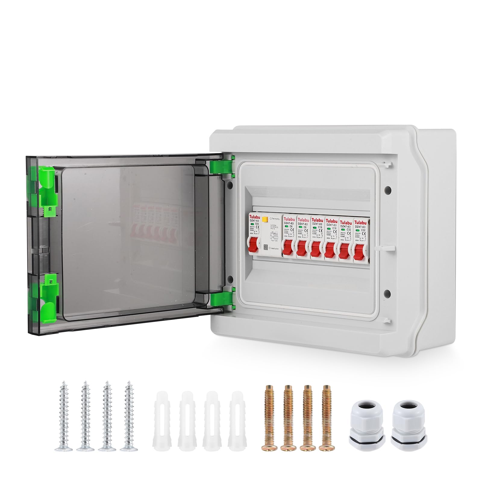 6 Way Consumer Unit, 63 Amp Consumer Unit Circuit Breaker, 6MCB 6A+6A+16A+16A+32A+32A, IP65 Anti-Leakage Fuse Box, Shield Circuit Breaker for Outdoor Outbuildings Garage Shed