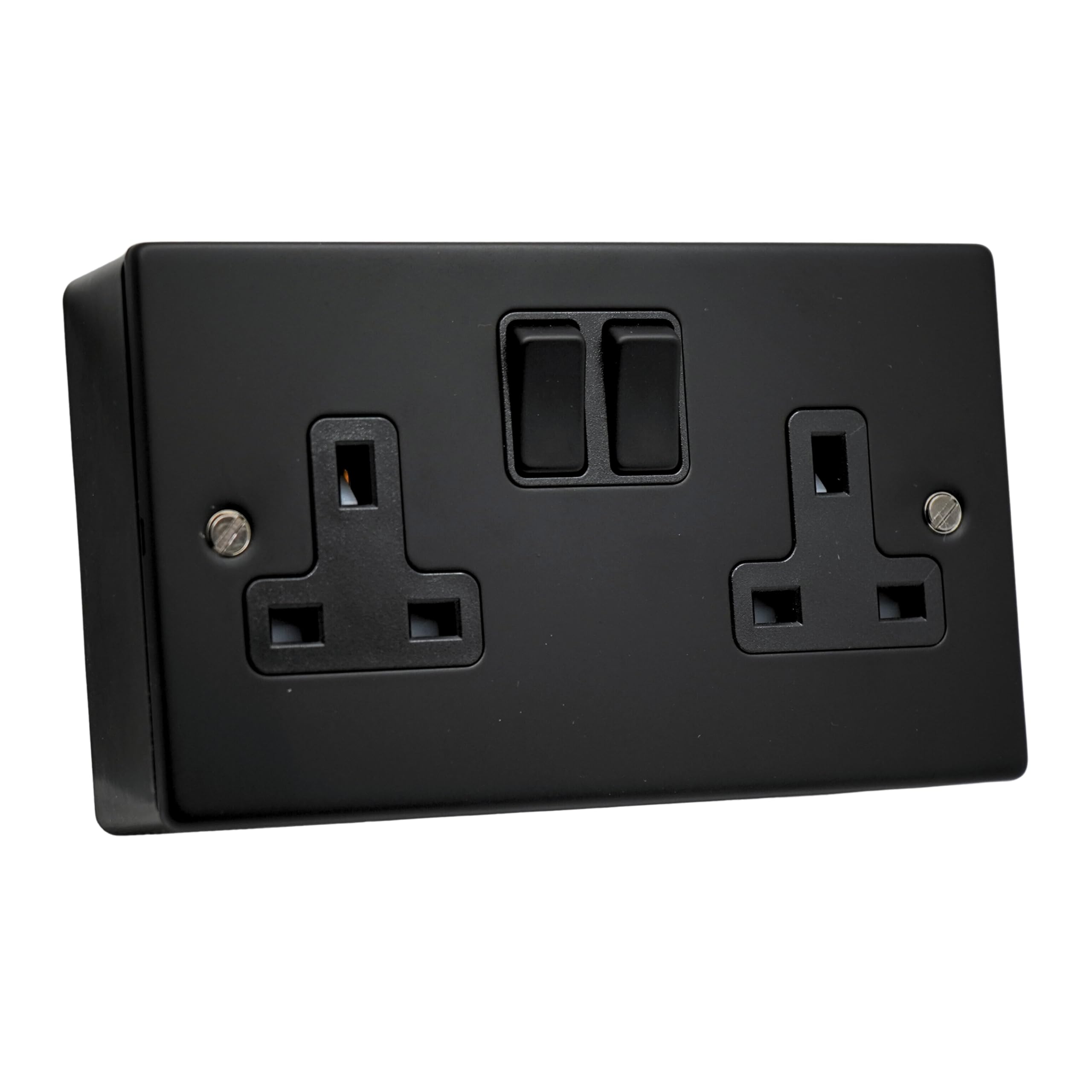 SH|P® COMPACT 3mm Thin Plate Ultra Matt Black Metal 13A 2 Gang Socket and 25mm Plastic Surface Mount Pattress Box (2 Gang Socket + Back Box) — image 1
